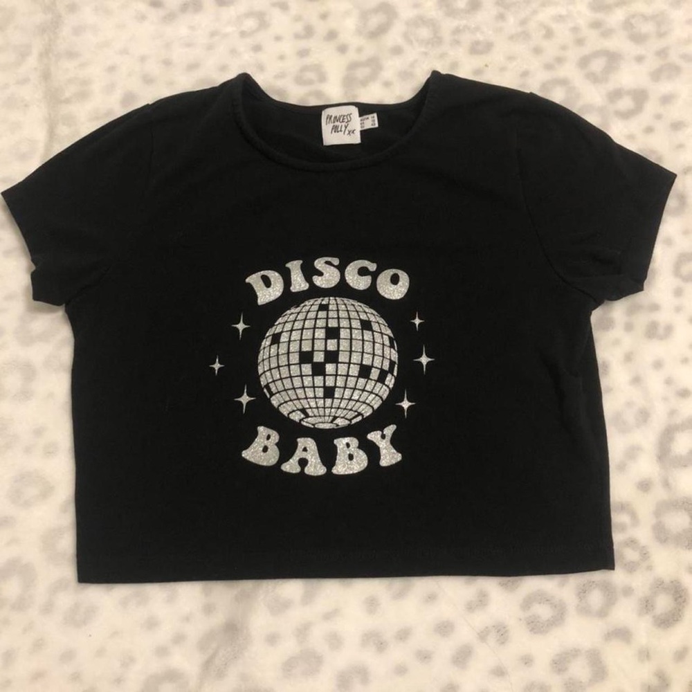 princess polly “disco baby” sparkly graphic cropped baby tee